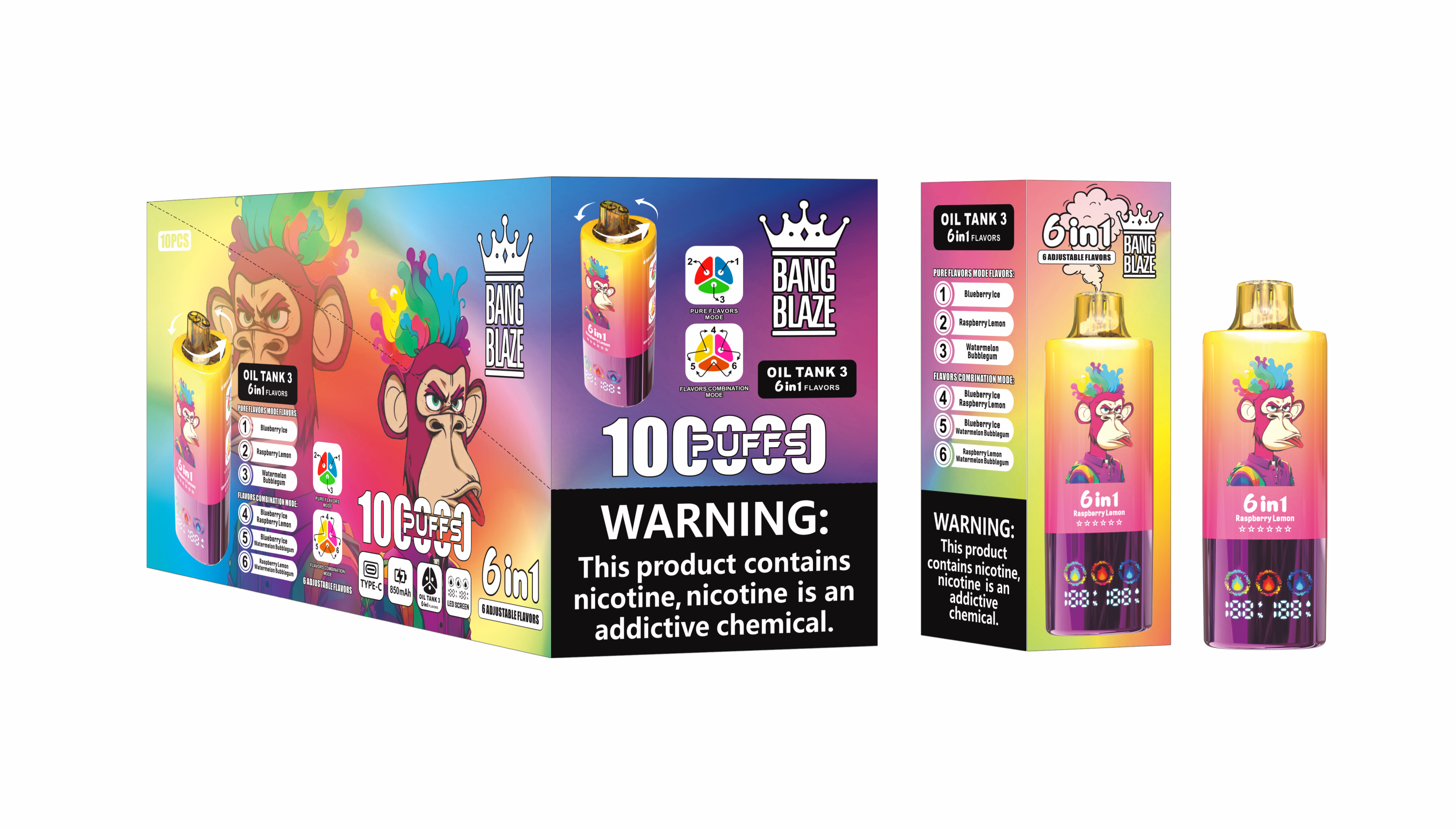Bang Blzae 100000 PUFFS 6 IN 1 , 100K Disposable Vape with 6 in 1 Flavors, 10 Kinds of Fruits Flavors, E-liquid 90ml, Battery 850 mah, Nicotine 2%, 3%, or 5%