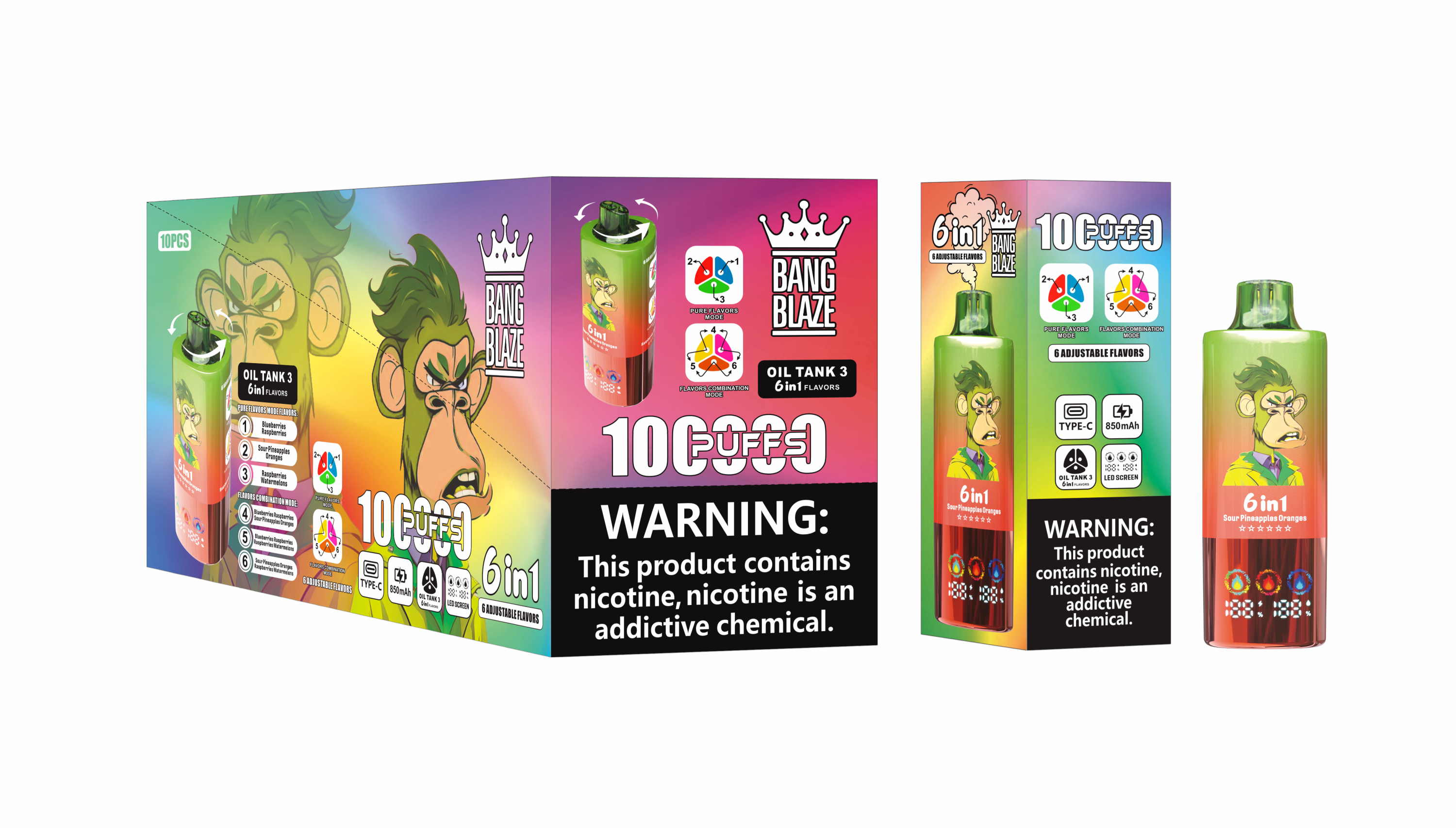 Bang Blzae 100000 PUFFS 6 IN 1 , 100K Disposable Vape with 6 in 1 Flavors, 10 Kinds of Fruits Flavors, E-liquid 90ml, Battery 850 mah, Nicotine 2%, 3%, or 5%