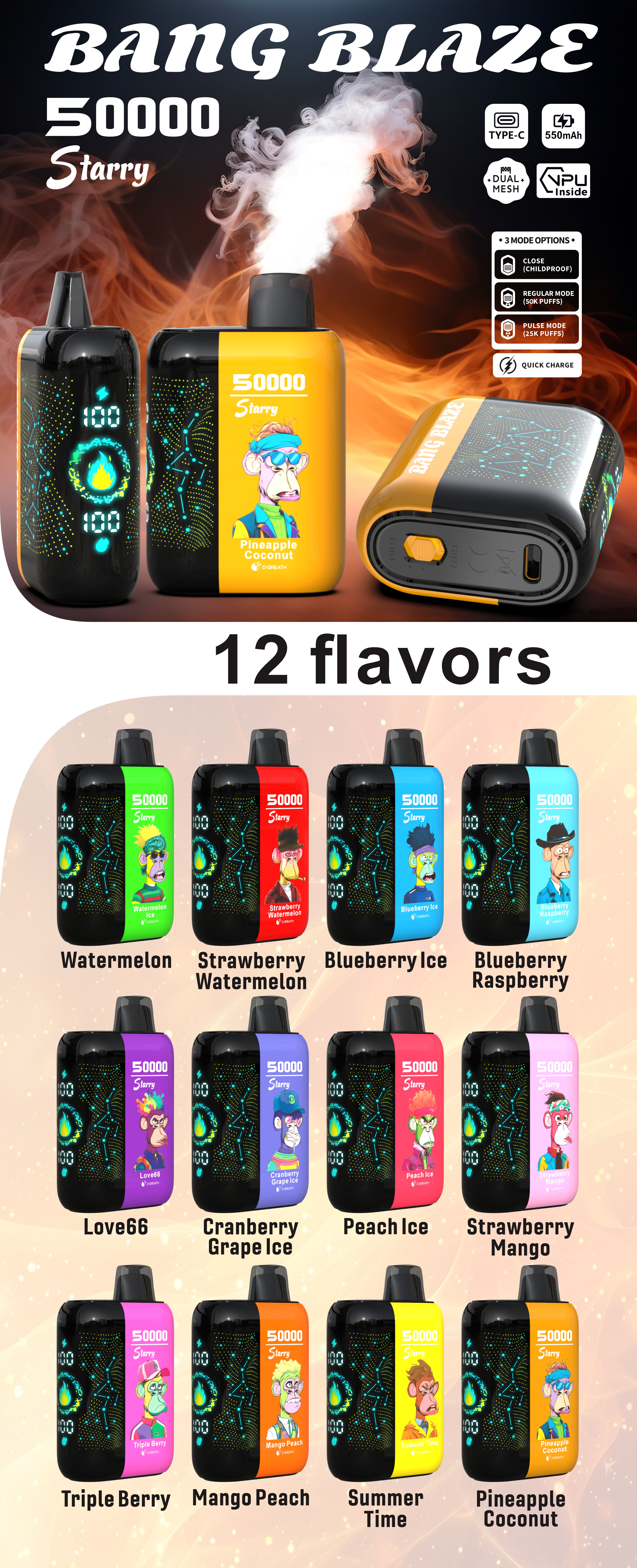 Bang Blzae Starry 50000 Puffs, 12 Kinds of Fruits Flavors, E-liquid 45ml, Battery 550 mah, Nicotine 0% 2%, 3%, or 5%