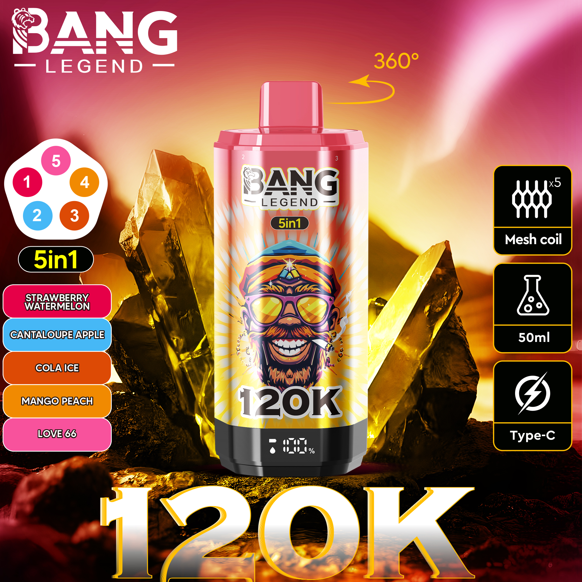 Bang Legend 120000 120K PUFFS, Disposable Vape, The Ultimate 5-in-1, Nicotine 2%, 3%, or 5%