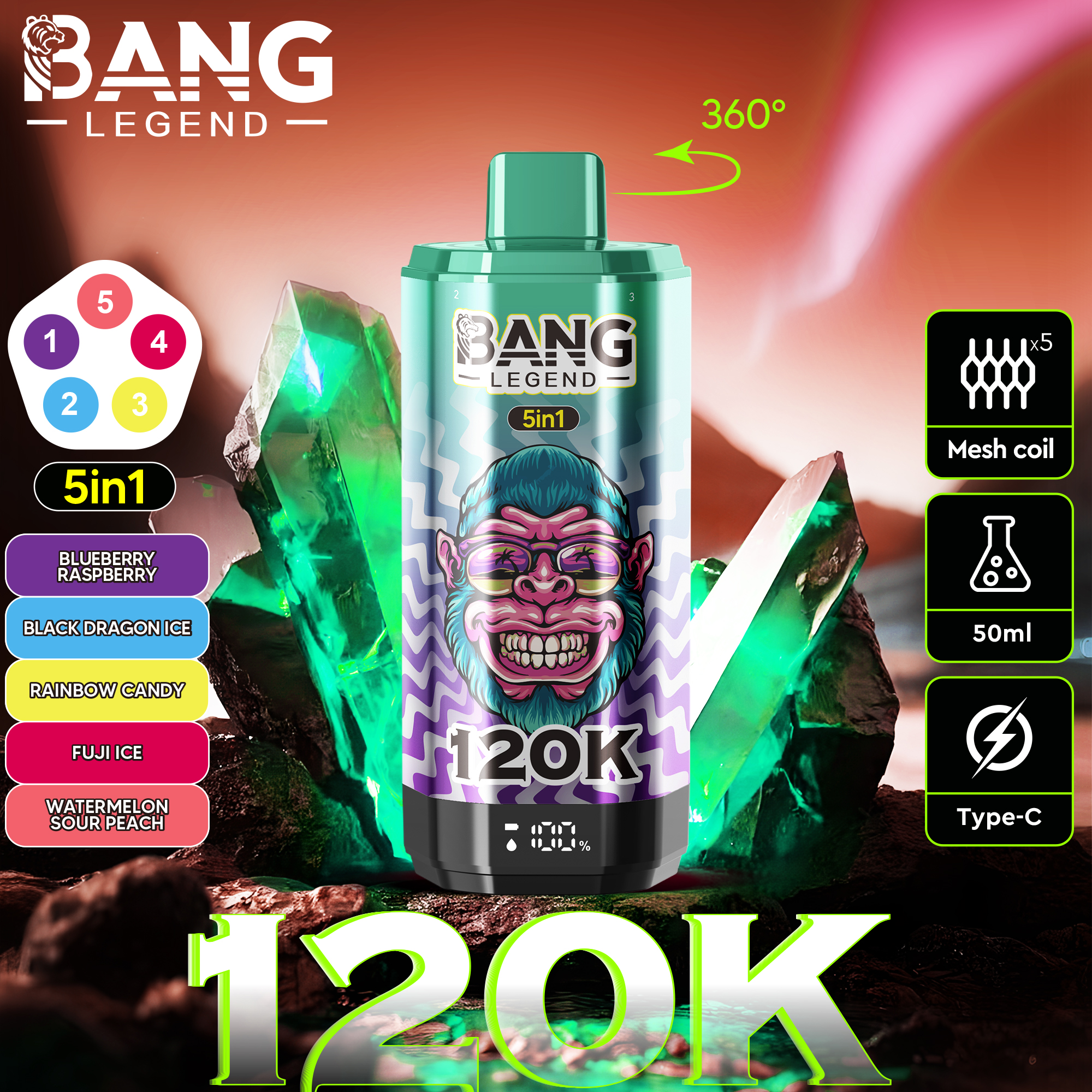 Bang Legend 120000 120K PUFFS, Disposable Vape, The Ultimate 5-in-1, Nicotine 2%, 3%, or 5%