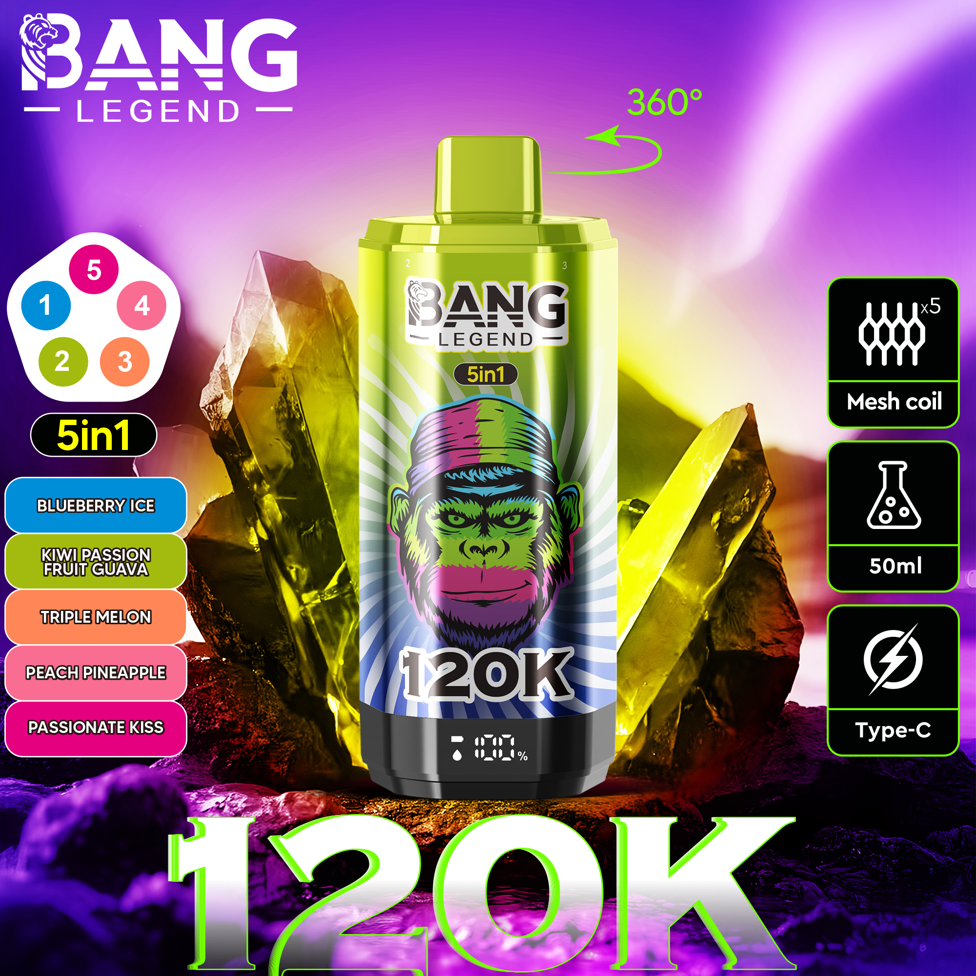 Bang Legend 120000 120K PUFFS, Disposable Vape, The Ultimate 5-in-1, Nicotine 2%, 3%, or 5%