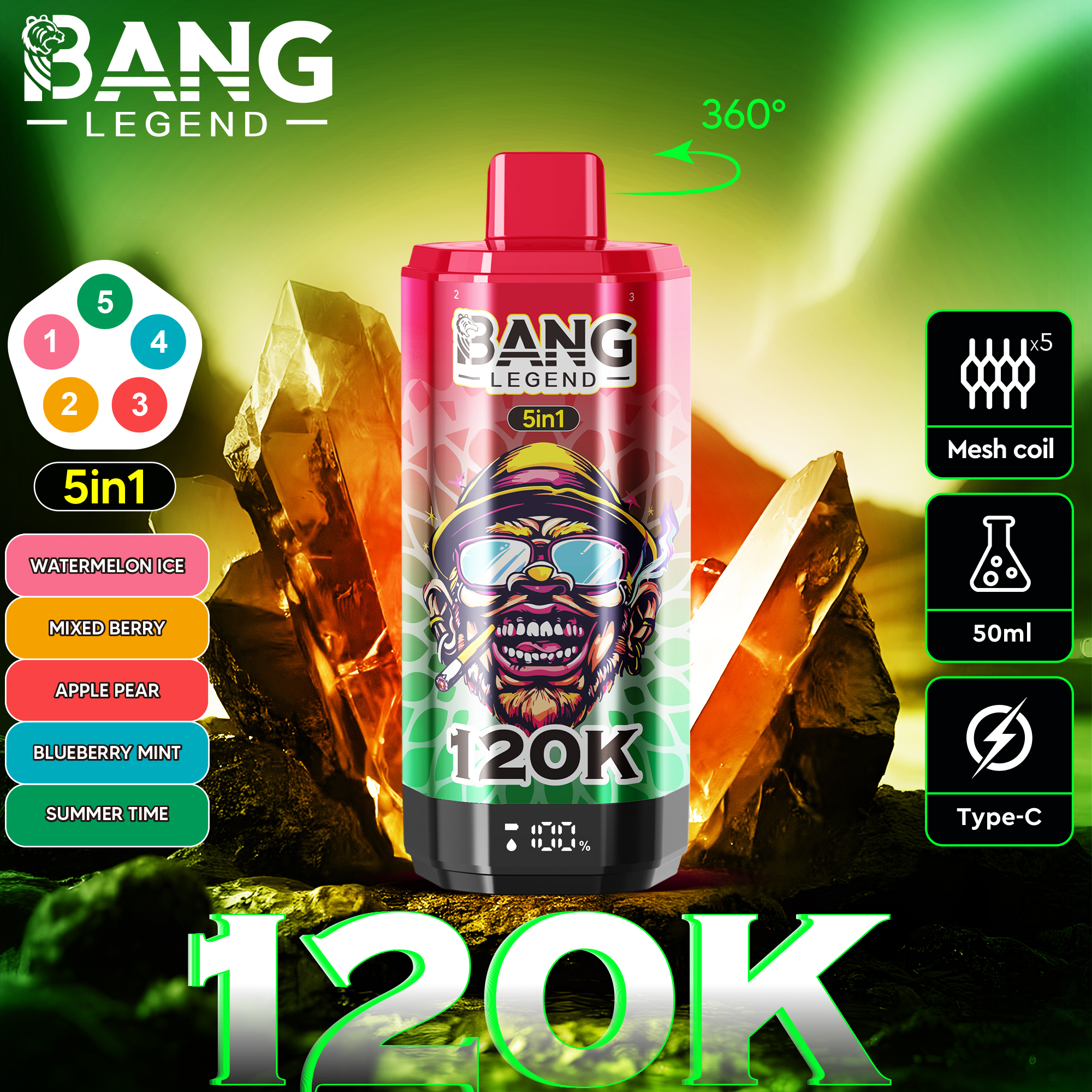 Bang Legend 120000 120K PUFFS, Disposable Vape, The Ultimate 5-in-1, Nicotine 2%, 3%, or 5%