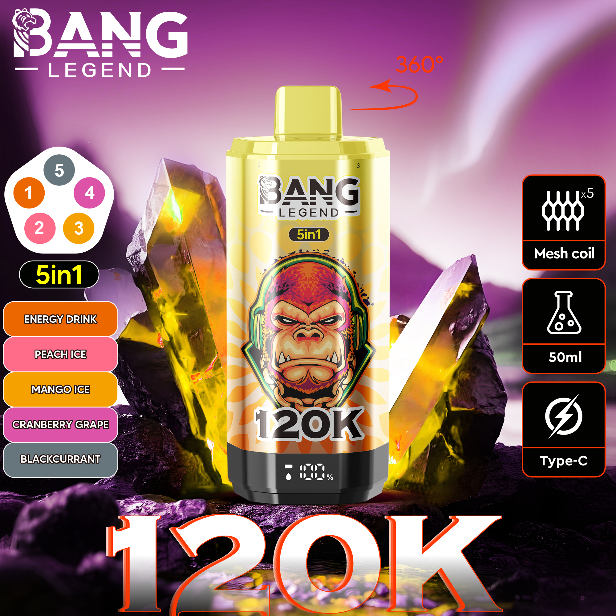 Bang Legend 120000 120K PUFFS, Disposable Vape, The Ultimate 5-in-1, Nicotine 2%, 3%, or 5%