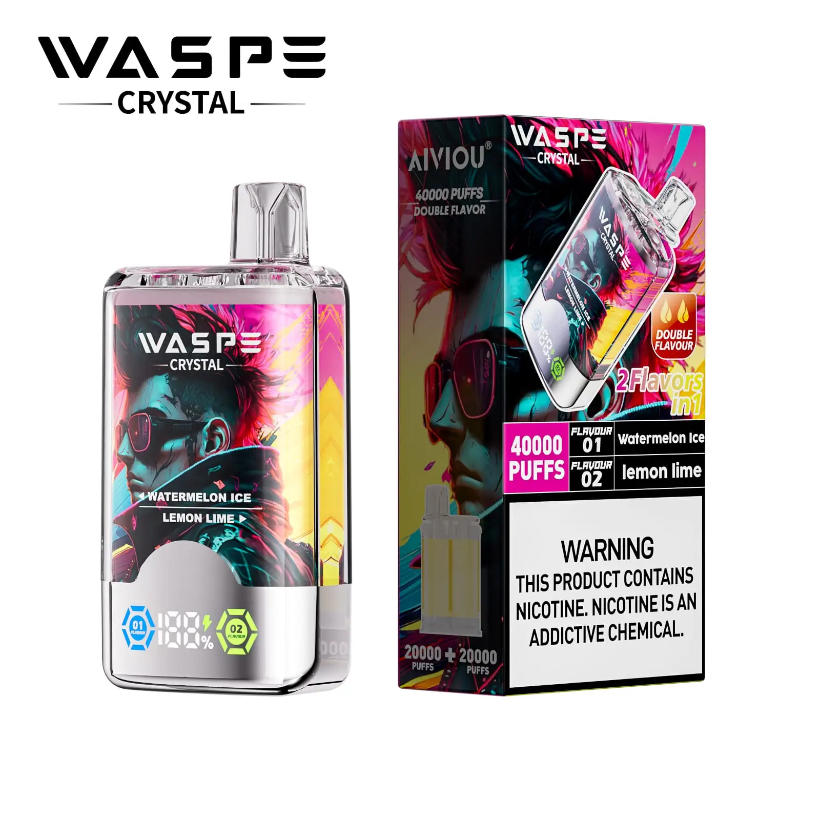 WASPE AIVIOU Crystal 40000 40K PUFFS, Disposable Vape, The Ultimate 2-in-1, Liquid 32ml, Nicotine 0%, 2%, or 5%