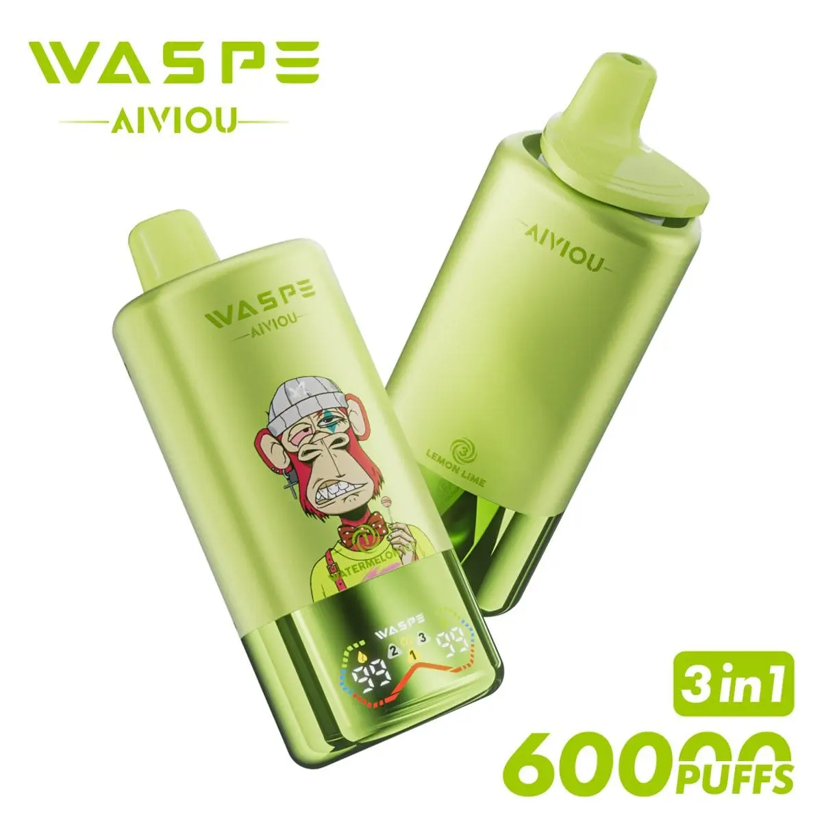 WASPE AIVIOU 60000 60K PUFFS, Disposable Vape, The Ultimate 3-in-1, Liquid 54ml, Nicotine 0%, 2%, or 5%
