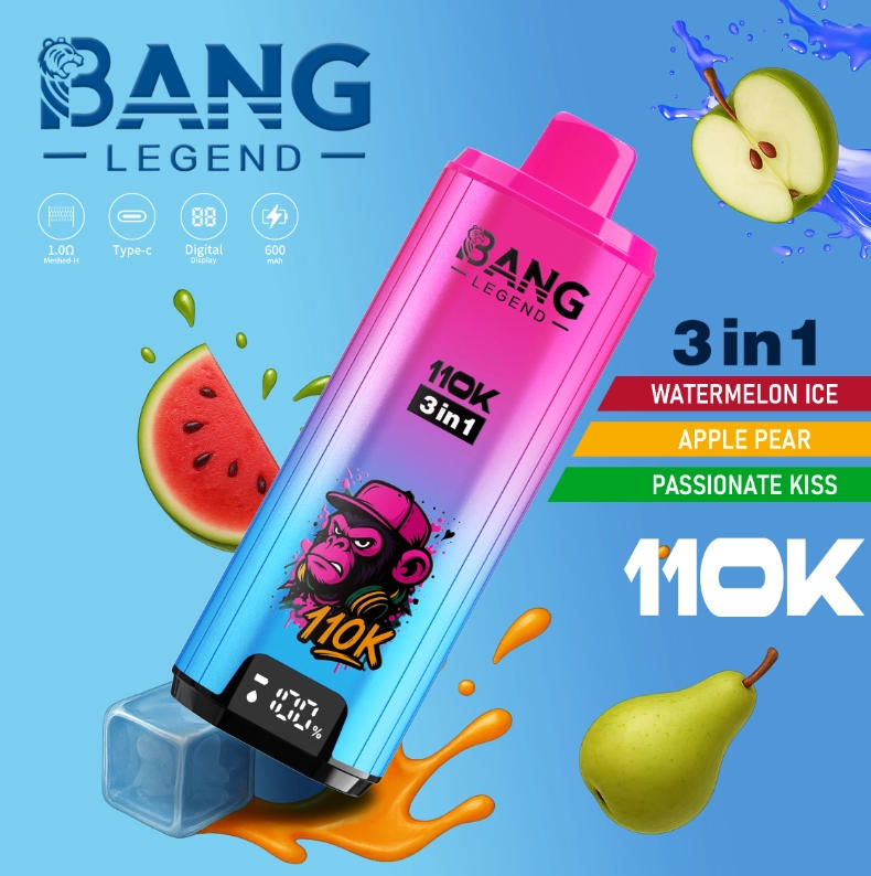 Bang Legend 110000 110K PUFFS Disposable Vape with 3 in 1 Flavors, 10 Kinds of Fruits Flavors, E-liquid 56ml, Battery 850 mah, Nicotine 0%, 2%, 3%, or 5%